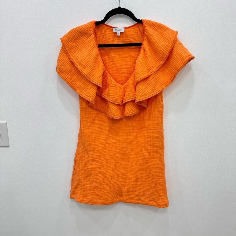 Sedge Orange Guaze Ruffle Neck Sleeveless Dress Game-Day Sz Small
